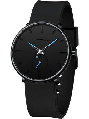 Crrju Mens Black Blue Stylish Waterproof Quartz Unisex Ultra Silicone Band Watch